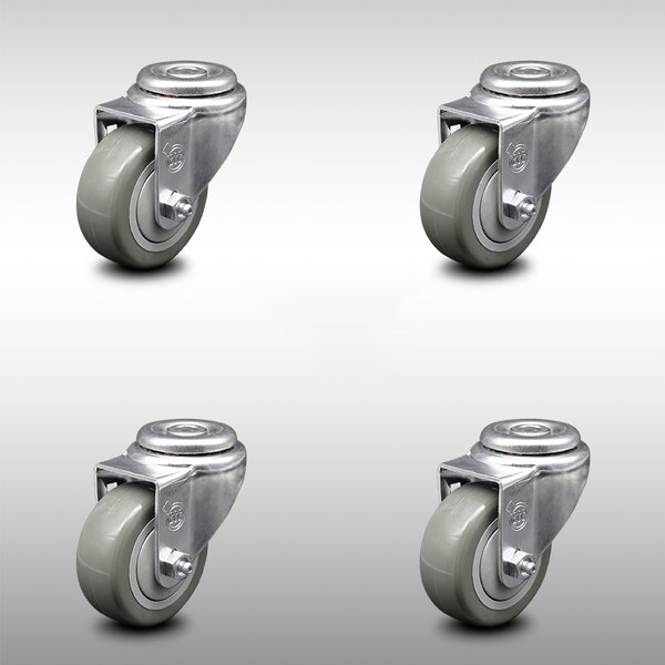 3 Inch SS Gray Polyurethane Wheel Swivel Bolt Hole Caster Set